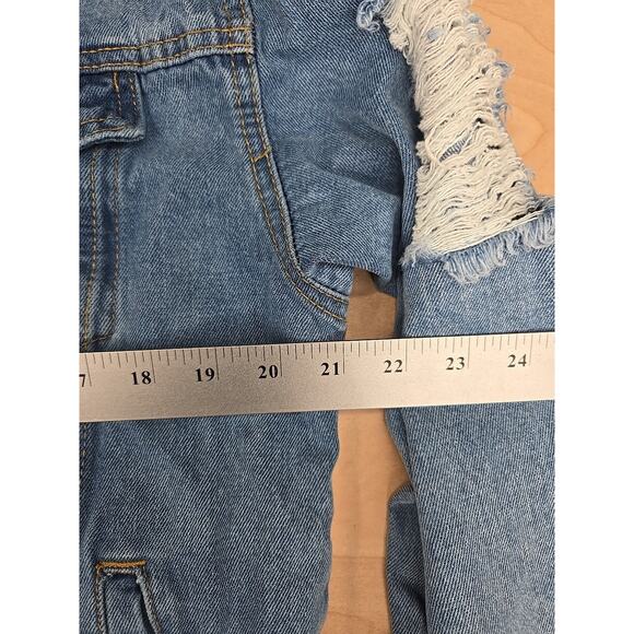 Forever 21 Distressed Denim Trucker Jacket Blue Womens Sz Medium Buttons Pockets - Picture 9 of 16